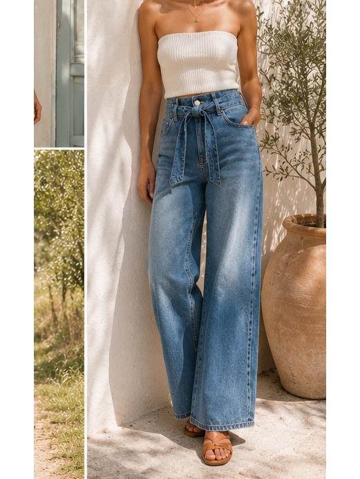 Ba&Sh Eugene Blue Jeans High Waist Wide Leg Belted Excellent Size 6 Us